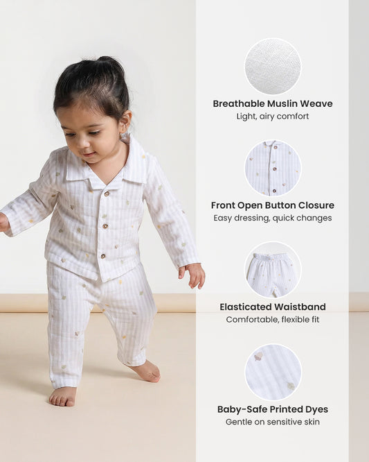 Twingle 100% Organic Muslin Nightsuit-Prevents Overheating-Naturally Temperature Regulating for Better Sleep-Soft Elasticated Waistband-Autumn Vibes-White-For Infants