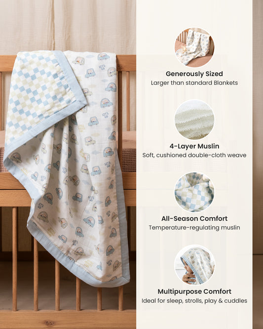 Twingle 100% Organic Muslin Reversible Baby Blanket-4-Layer Plush Weave Muslin-Naturally Temperature Regulating-Little Drivers & Checkered Chaos Print-White & Blue-For Infants