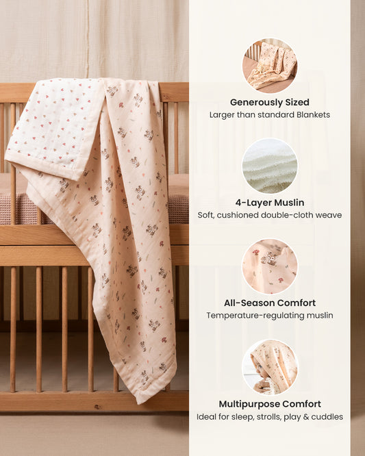 Twingle 100% Organic Muslin Reversible Baby Blanket-4-Layer Plush Weave Muslin-Naturally Temperature Regulating-Mama Deer & Tiny Hearts Print-White & Pink-For Infants
