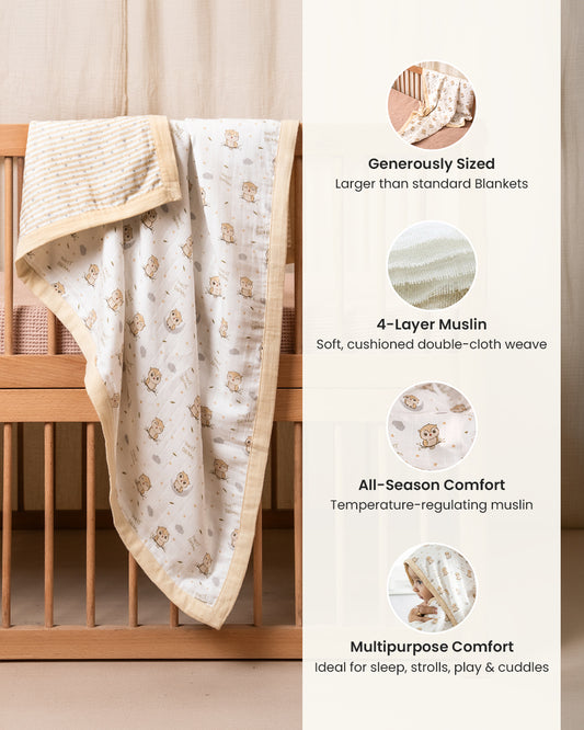 Twingle 100% Organic Muslin Reversible Baby Blanket-4-Layer Plush Weave Muslin-Naturally Temperature Regulating-Sleepy Owls & Starlight Print-White & Beige-For Infants