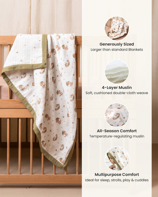 Twingle 100% Organic Muslin Reversible Baby Blanket-4-Layer Plush Weave Muslin-Naturally Temperature Regulating-Cozy Roars & Autumn Vibes Print-White & Grey-For Infants