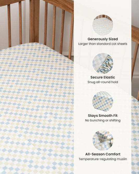 Twingle 100% Organic Muslin Fitted Cot Bedsheet-Generously Sized-Secured All-Round Elastic for Snug Fit-Softens with each Wash-Checkered Chaos Print-White & Blue-Pack of 1-For Infants