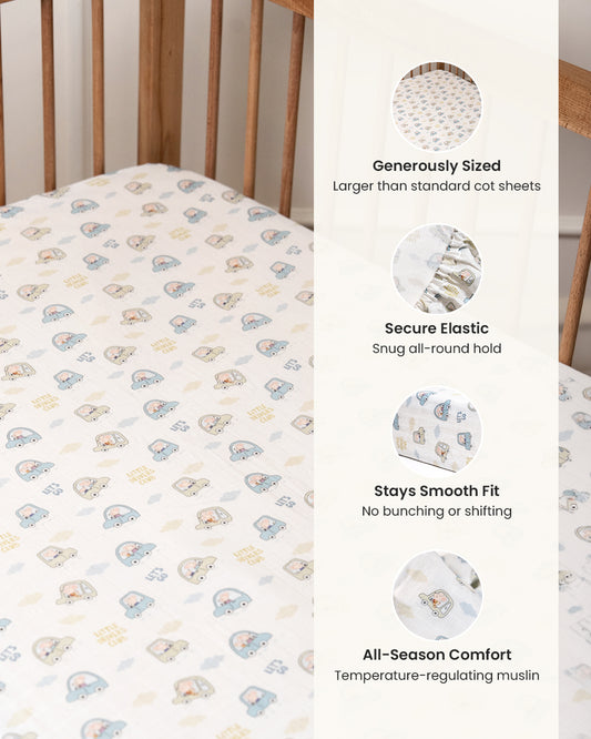 Twingle 100% Organic Muslin Fitted Cot Bedsheet-Generously Sized-Secured All-Round Elastic for Snug Fit-Softens with each Wash-Little Drivers Print-White & Blue-Pack of 1-For Infants