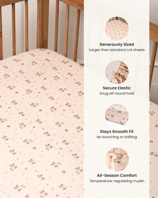 Twingle 100% Organic Muslin Fitted Cot Bedsheet-Generously Sized-Secured All-Round Elastic for Snug Fit-Softens with each Wash-Mama Deer Print-Pink-Pack of 1-For Infants