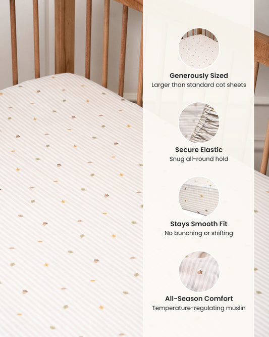 Twingle 100% Organic Muslin Fitted Cot Bedsheet-Generously Sized-Secured All-Round Elastic for Snug Fit-Softens with each Wash-Autumn Vibes Print-White & Grey-Pack of 1-For Infants