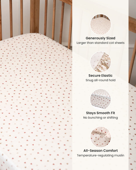 Twingle 100% Organic Muslin Fitted Cot Bedsheet-Generously Sized-Secured All-Round Elastic for Snug Fit-Softens with each Wash-Tiny Hearts Print-White-Pack of 1-For Infants