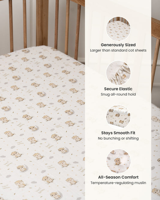 Twingle 100% Organic Muslin Fitted Cot Bedsheet-Generously Sized-Secured All-Round Elastic for Snug Fit-Softens with each Wash-Sleepy Owls Print-White & Beige-Pack of 1-For Infants