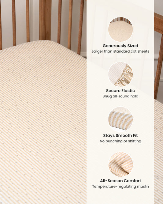 Twingle 100% Organic Muslin Fitted Cot Bedsheet-Generously Sized-Secured All-Round Elastic for Snug Fit-Softens with each Wash-Starlight Print-White & Beige-Pack of 1-For Infants