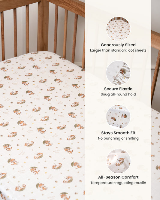 Twingle 100% Organic Muslin Fitted Cot Bedsheet-Generously Sized-Secured All-Round Elastic for Snug Fit-Softens with each Wash-Cozy Roars Print-White-Pack of 1-For Infants