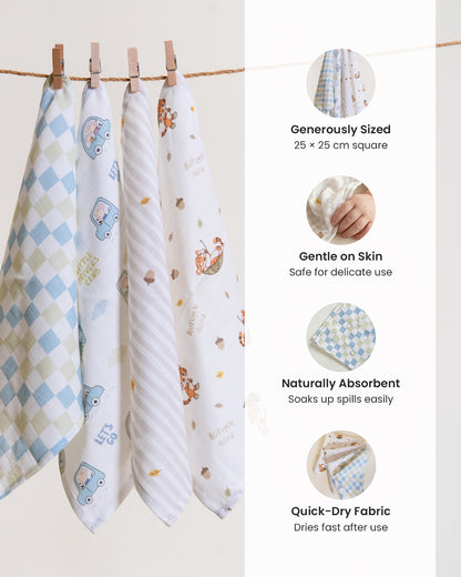 Twingle 100% Organic Muslin Wipes cum Wash Cloth-Naturally Softens With Each Wash-Quick Dry Fabric-Driver-Checks-Roars & Autumn Print-Pack of 4-For Infants