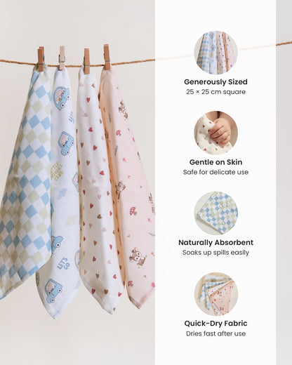 Twingle 100% Organic Muslin Wipes cum Wash Cloth-Naturally Softens With Each Wash-Quick Dry Fabric-Driver-Checks-Deer & Hearts Print-Pack of 4-For Infants