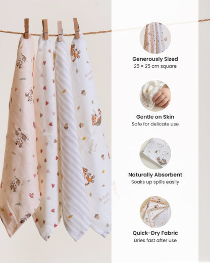 Twingle 100% Organic Muslin Wipes cum Wash Cloth-Naturally Softens With Each Wash-Quick Dry Fabric-Deer-Hearts-Roars & Autumn Print-Pack of 4-For Infants