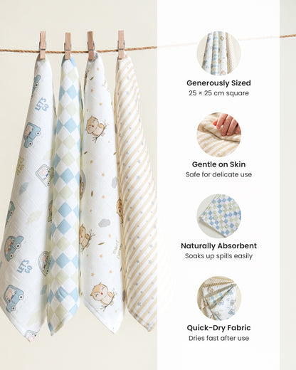 Twingle 100% Organic Muslin Wipes cum Wash Cloth-Naturally Softens With Each Wash-Quick Dry Fabric-Driver-Checks-Owls & Stars Print-Pack of 4-For Infants