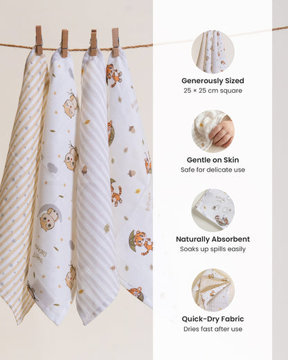 Twingle 100% Organic Muslin Wipes cum Wash Cloth-Naturally Softens With Each Wash-Quick Dry Fabric-Roars-Autumn-Owls & Stars Print-Pack of 4-For Infants