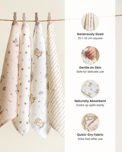 Twingle 100% Organic Muslin Wipes cum Wash Cloth-Naturally Softens With Each Wash-Quick Dry Fabric-Deer-Hearts-Owls & Stars Print-Pack of 4-For Infants