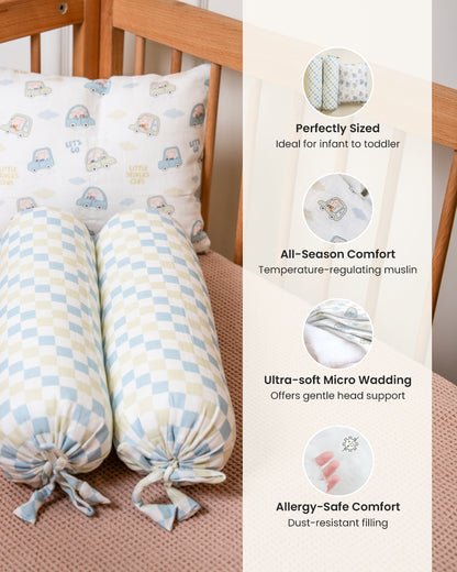 Twingle 100% Organic Muslin Baby Pillow & Bolsters-High Twist Yarn for Lasting Softness-Eco Certified Genesta Inks for Skin-Safe Prints-Little Drivers & Checkered Chaos Print-White & Blue-Pack of 3-For Infants