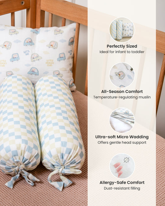 Twingle 100% Organic Muslin Baby Pillow & Bolsters-High Twist Yarn for Lasting Softness-Eco Certified Genesta Inks for Skin-Safe Prints-Little Drivers & Checkered Chaos Print-White & Blue-Pack of 3-For Infants