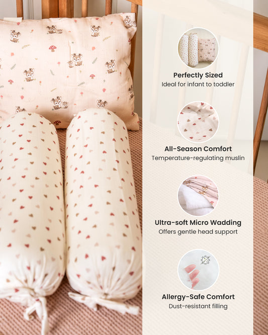 Twingle 100% Organic Muslin Baby Pillow & Bolsters-High Twist Yarn for Lasting Softness-Eco Certified Genesta Inks for Skin-Safe Prints-Mama Deer & Tiny Hearts Print-White & Pink-Pack of 3-For Infants