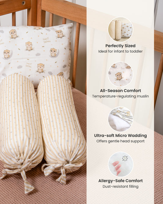 Twingle 100% Organic Muslin Baby Pillow & Bolsters-High Twist Yarn for Lasting Softness-Eco Certified Genesta Inks for Skin-Safe Prints-Sleepy Owls & Starlight Print-White & Beige-Pack of 3-For Infants