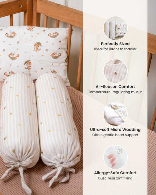 Twingle 100% Organic Muslin Baby Pillow & Bolsters-High Twist Yarn for Lasting Softness-Eco Certified Genesta Inks for Skin-Safe Prints-Cozy Roars & Autumn Vibes Print-White & Grey-Pack of 3-For Infants