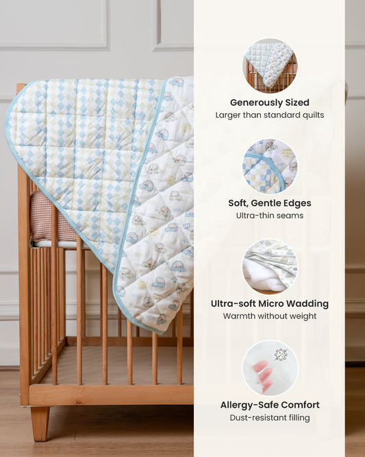 Twingle 100% Organic Muslin Reversible Baby Quilt-High Twist Yarn for Lasting Softness-Eco Certified Genesta Inks for Skin-Safe Prints-Little Drivers & Checkered Chaos Print-White & Blue-For Infants
