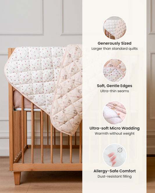 Twingle 100% Organic Muslin Reversible Baby Quilt-High Twist Yarn for Lasting Softness-Eco Certified Genesta Inks for Skin-Safe Prints-Mama Deer & Tiny Hearts Print-White & Pink-For Infants