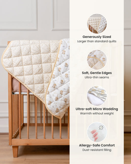 Twingle 100% Organic Muslin Reversible Baby Quilt-High Twist Yarn for Lasting Softness-Eco Certified Genesta Inks for Skin-Safe Prints-Sleepy Owls & Starlight Print-White & Beige-For Infants