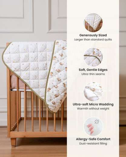 Twingle 100% Organic Muslin Reversible Baby Quilt-High Twist Yarn for Lasting Softness-Eco Certified Genesta Inks for Skin-Safe Prints-Cozy Roars & Autumn Vibes Print-White & Grey-For Infants