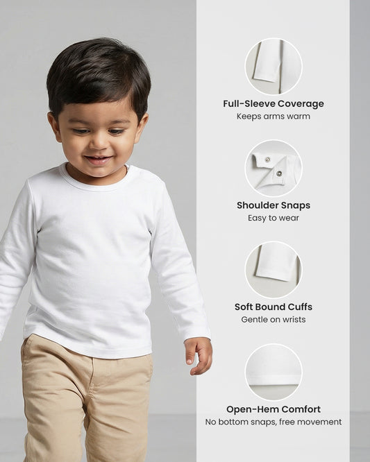 Twingle 100% Organic Cotton Vest-Round Neck-No Itchy Tags-Long Sleeves-Solid-White-Pack of 3-For Infants