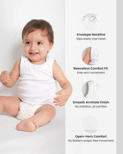 Twingle 100% Organic Cotton Vest-Envelope Neck for Easy Dressing-No Itchy Neck Tags-Sleeveless-Solid-White-Pack of 3-For Infants