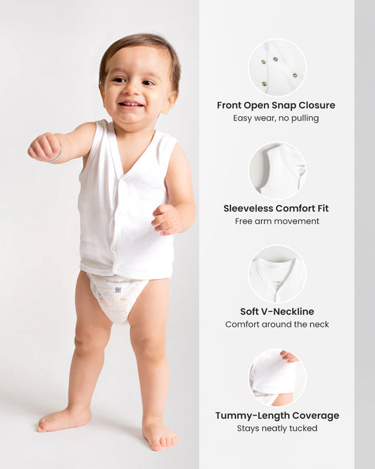 Twingle 100% Organic Cotton Jhabla Vest-Front Snaps for Easy Dressing-No Itchy Neck Tags-Sleeveless-Solid-White-Pack of 3-For Infants