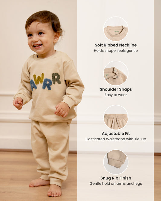 Twingle 100% Organic Cotton Jogger Set-Hypoallergenic Fabric-No Itchy Tags-Soft Elasticated Waistband-Long Sleeves-Solid-Beige-For Infants