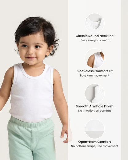 Twingle 100% Organic Cotton Vest-Round Neck-No Itchy Neck Tags-Sleeveless-Solid-White-Pack of 3-For Infants