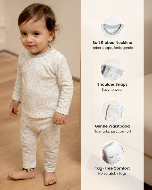 Twingle 100% Organic Cotton T-shirt & Leggings Set-No Itchy Tags-Shoulder Snaps for Easy Dressing-Soft Adjustable Waistband-Long Sleeves-Dino Print-White-For Infants