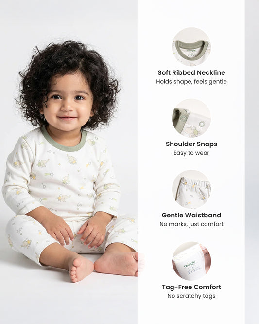 Twingle 100% Organic Cotton T-shirt & Leggings Set-No Itchy Tags-Shoulder Snaps for Easy Dressing-Soft Adjustable Waistband-Long Sleeves-Elephant Print-White-For Infants