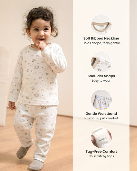 Twingle 100% Organic Cotton T-shirt & Leggings Set-No Itchy Tags-Shoulder Snaps for Easy Dressing-Soft Adjustable Waistband-Long Sleeves-Hearts & Stars Print-White-For Infants