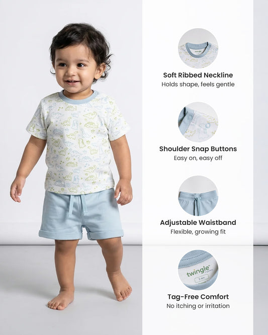 Twingle 100% Organic Cotton T-shirt & Shorts Set-No Itchy Tags-Shoulder Snaps for Easy Dressing-Soft Adjustable Waistband-Short Sleeves-Dino Print-White-For Infants