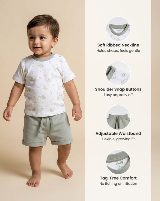 Twingle 100% Organic Cotton T-shirt & Shorts Set-No Itchy Tags-Shoulder Snaps for Easy Dressing-Soft Adjustable Waistband-Short Sleeves-Elephant Print-White-For Infants