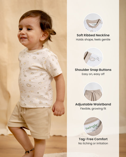 Twingle 100% Organic Cotton T-shirt & Shorts Set-No Itchy Tags-Shoulder Snaps for Easy Dressing-Soft Adjustable Waistband-Short Sleeves-Hearts & Stars Print-White-For Infants