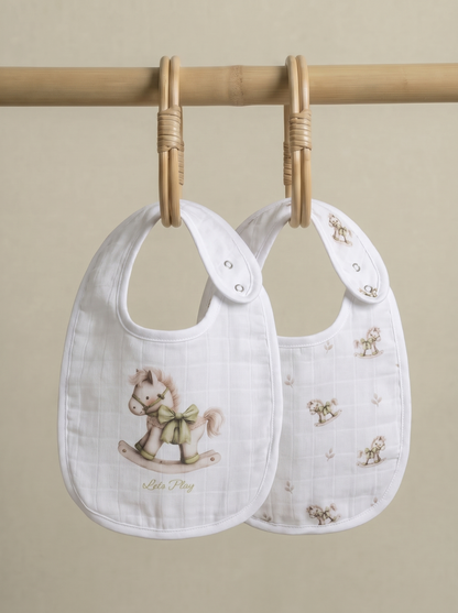 Twingle 100% Organic Muslin Bib-Soft Terry on the Back for maximum Absorbency-Trusted YKK Snaps-Riding Horse-Pack of 2-For Infants