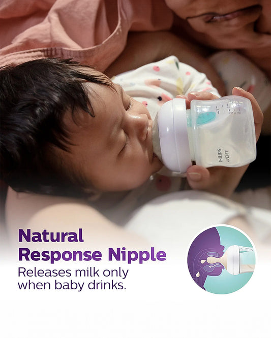 Philips Avent Natural Response Feeding Bottle-AirFree Vent-125 ml-With Flow 2 Nipple-Transparent-0M+