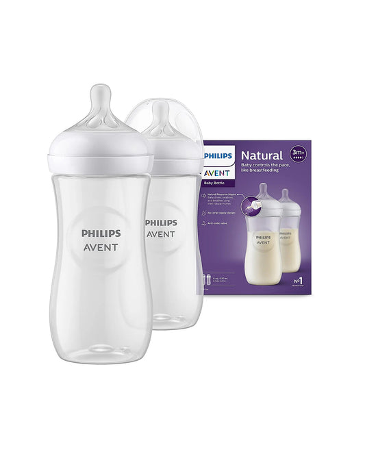 Philips Avent Natural Response Feeding Bottle-Anti Colic-330 ml-With Flow 4 Nipple-Pack of 2-Transparent-3M+