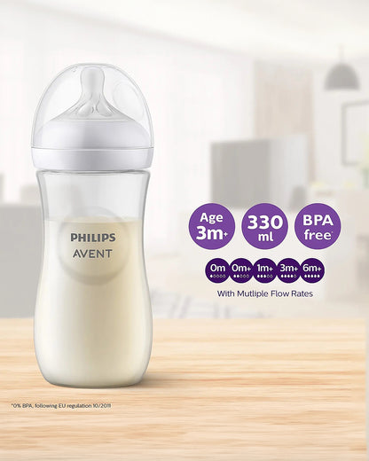 Philips Avent Natural Response Feeding Bottle-Anti Colic-330 ml-With Flow 4 Nipple-Pack of 2-Transparent-3M+