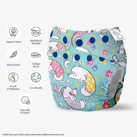 SuperBottoms Paw-sitively Happy Freesize UNO-12 Hours Absorbency Cloth Diaper-Padded Underwear-100% Organic Cotton-Washable & Reusable-3 to 36M