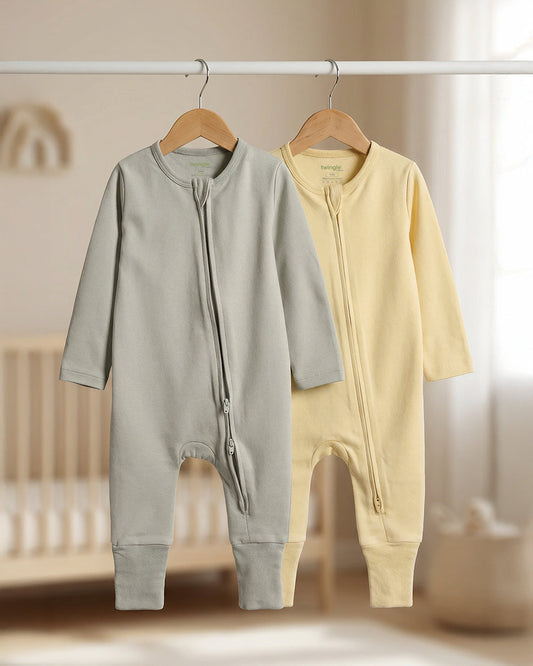Twingle 100% Organic Cotton Sleepsuits-Zip Guard to Protect Baby's Chin & Neck-Two Way Zipper for Easy Diaper Change-Inbuilt Booties & Mittens-Long Sleeves-Solid-Sage Green & Yellow-Pack of 2-For Infants