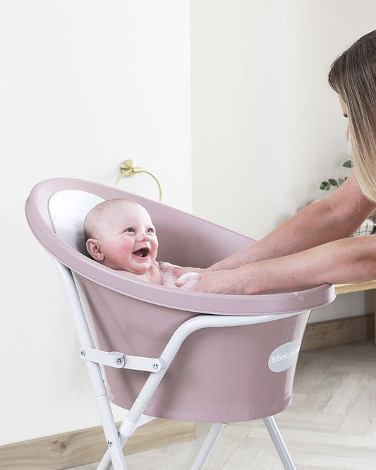 Shnuggle Newborn Bath Tub-With Bum Bump Support-Soft Foam Backrest & Non-Slip Base-BPA Free-0 to 12M-White & Grey