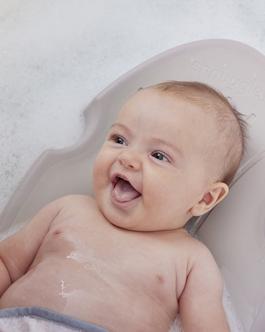 Shnuggle Baby Bather-Non Slip and Soft Warm to Touch Backrest-Water Level Indicator-0 to 6M-White & Grey