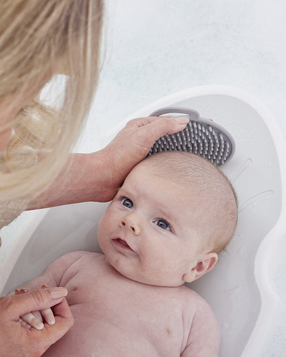 Shnuggle Baby Bather-Non Slip and Soft Warm to Touch Backrest-Water Level Indicator-0 to 6M-White & Grey