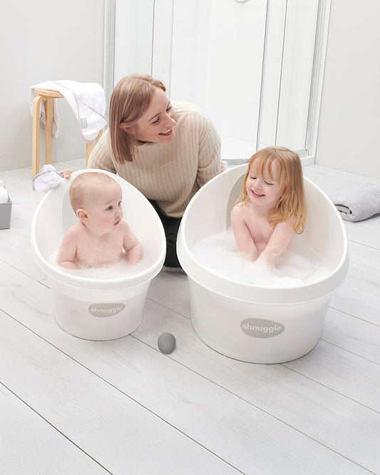 Shnuggle Toddler Bath Tub-With Bum Bump Support-Soft Foam Backrest & Non-Slip Base-Fits in Shower & Adult Bath-BPA Free-12 to 48M-White & Grey