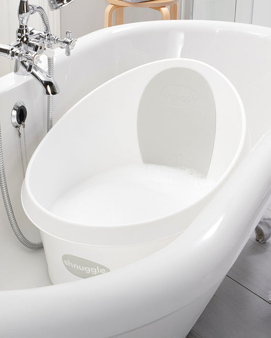 Shnuggle Toddler Bath Tub-With Bum Bump Support-Soft Foam Backrest & Non-Slip Base-Fits in Shower & Adult Bath-BPA Free-12 to 48M-White & Grey